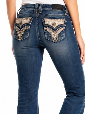 Grace in LA Dark Blue Bootcut Jeans with Embellished Back Pockets - Size 10/30